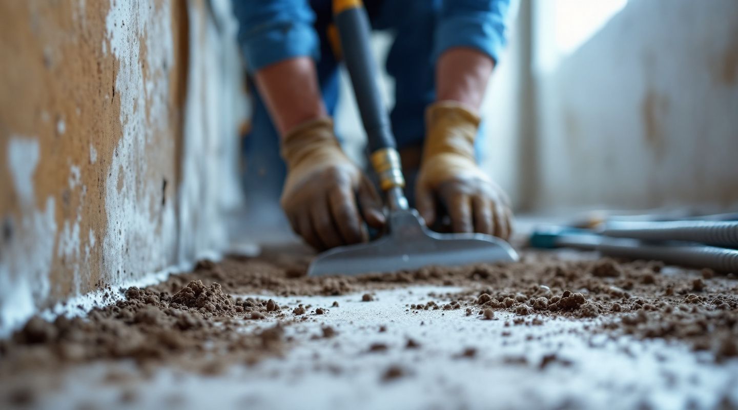 Technicians inspecting a dark, damp crawl space for mold growth