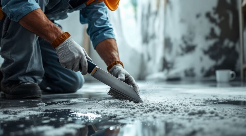 Certified mold remediation technician inspecting a wall for mold growth with specialized equipment