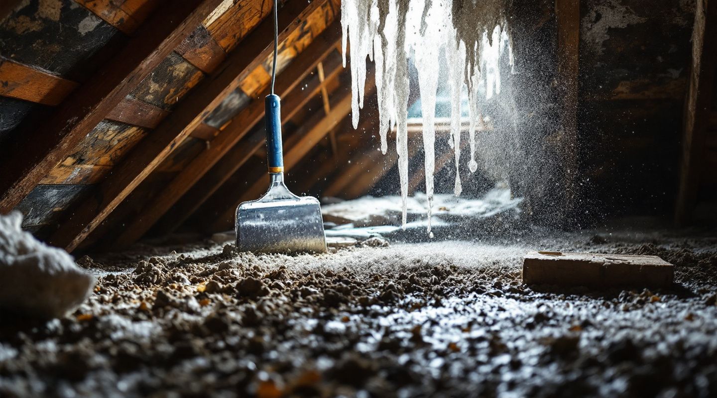 IICRC certified mold remediation technician inspecting an attic for mold growth with a flashlight