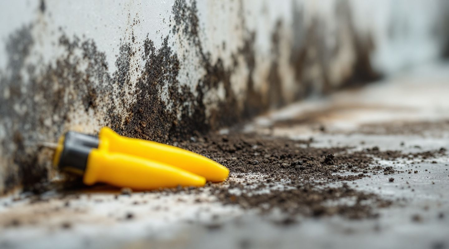 Professional technician in hazmat suit removing black mold from a wall