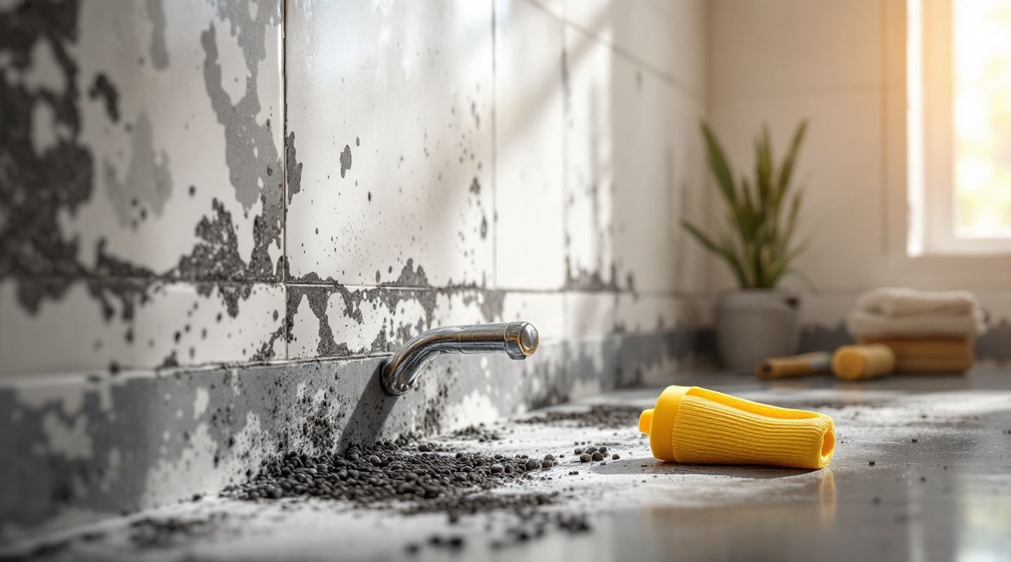 Professional mold remediation technician inspecting a bathroom wall for mold growth with a flashlight