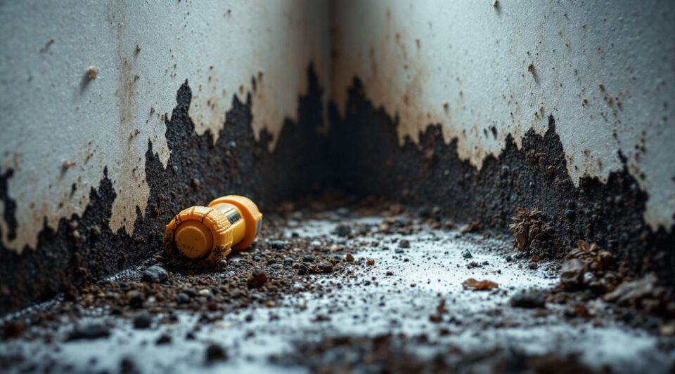 IICRC-certified technician inspecting a dark mold growth on a wall with specialized equipment.
