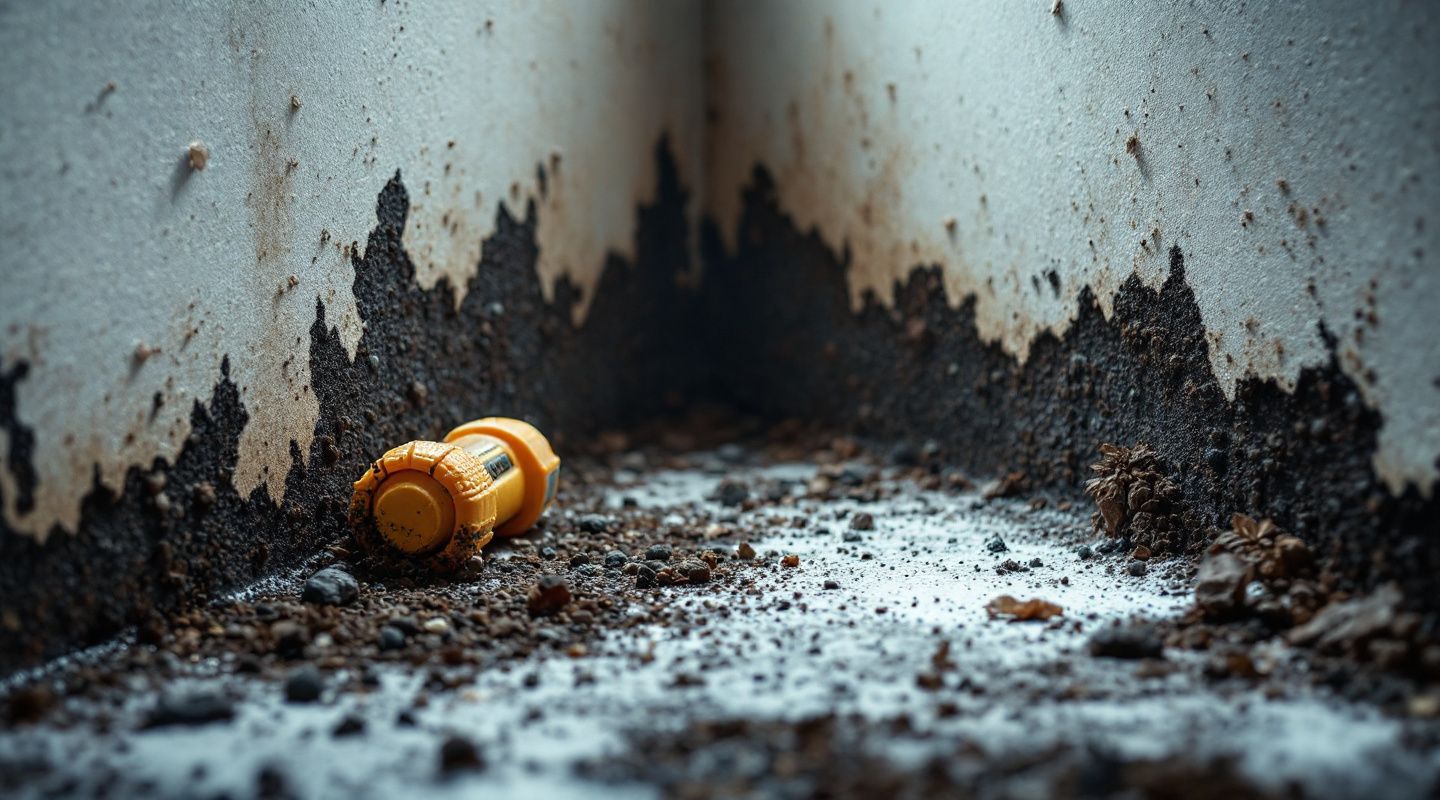 IICRC-certified technician inspecting a dark mold growth on a wall with specialized equipment.