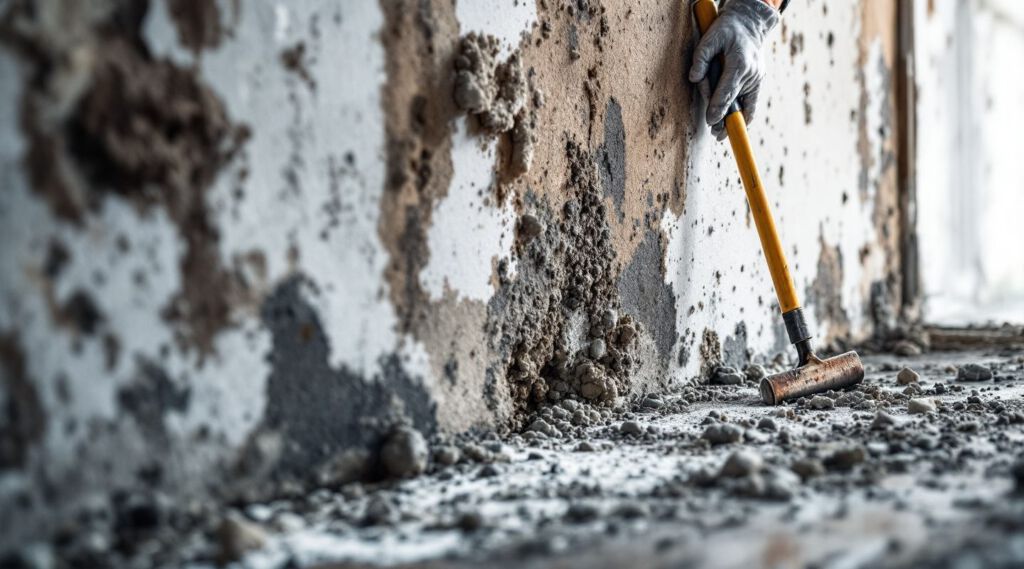 Certified mold remediation technician inspecting a wall for hidden mold with a moisture meter