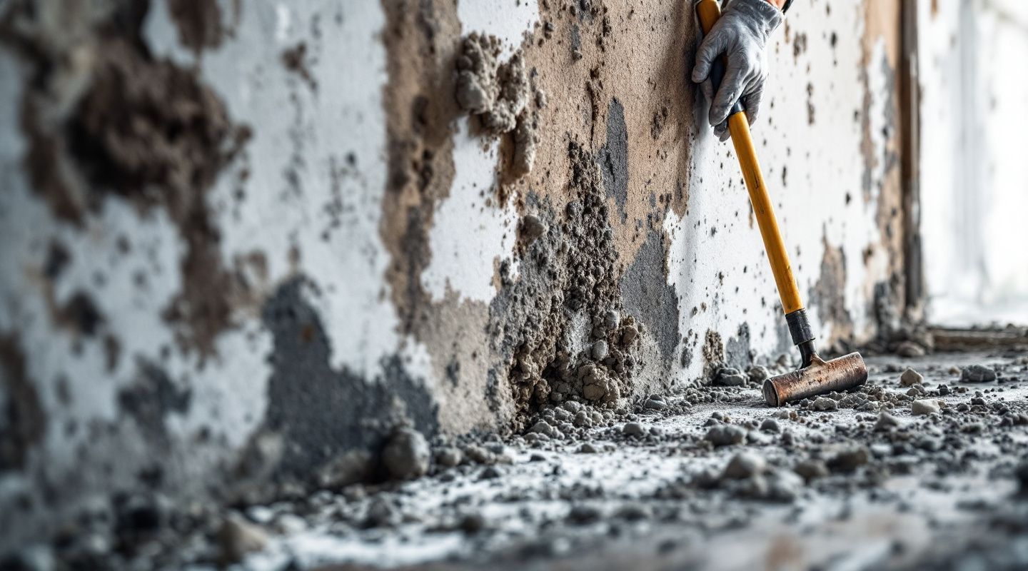 Certified mold remediation technician inspecting a wall for hidden mold with a moisture meter