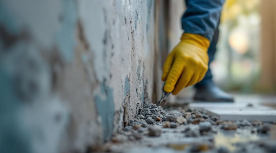 Professional mold abatement technician inspecting a water-damaged wall for visible mold growth