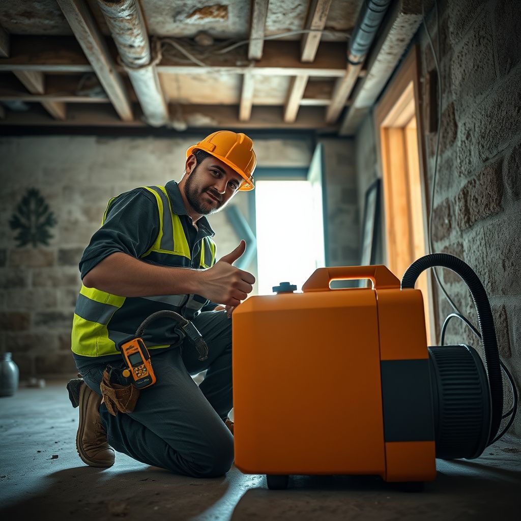 A certified mold remediation technician in Bee Cave using an air quality meter to test a residential interior.