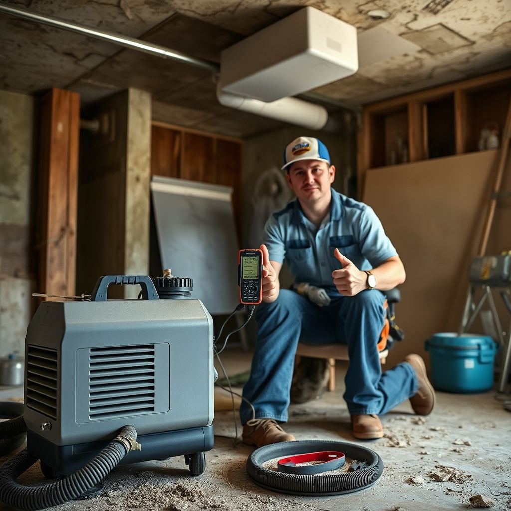 A certified mold remediation technician in full protective gear performing a detailed inspection inside a Manor, Texas home.