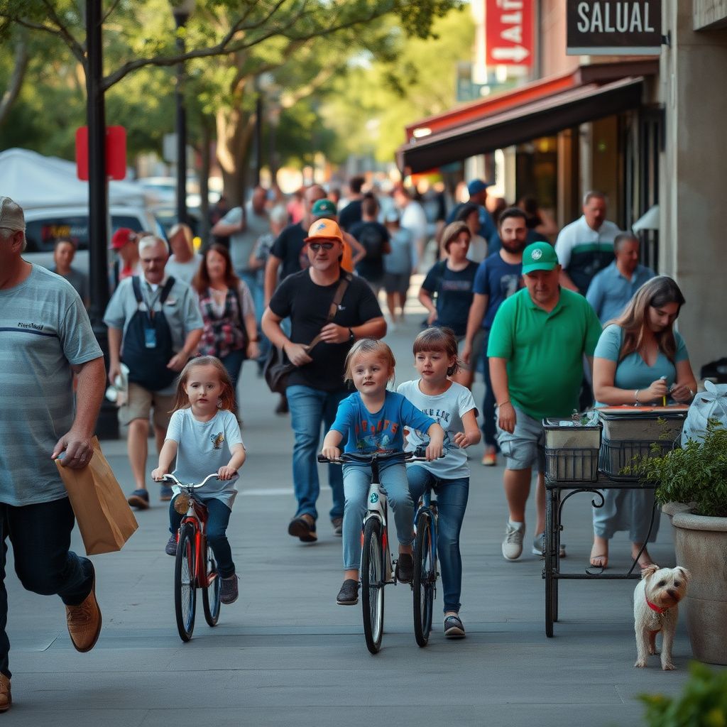 A vibrant street scene in Historic Downtown Buda, Texas, with well-preserved 19th-century buildings, local shops, and people strolling on a sunny day.