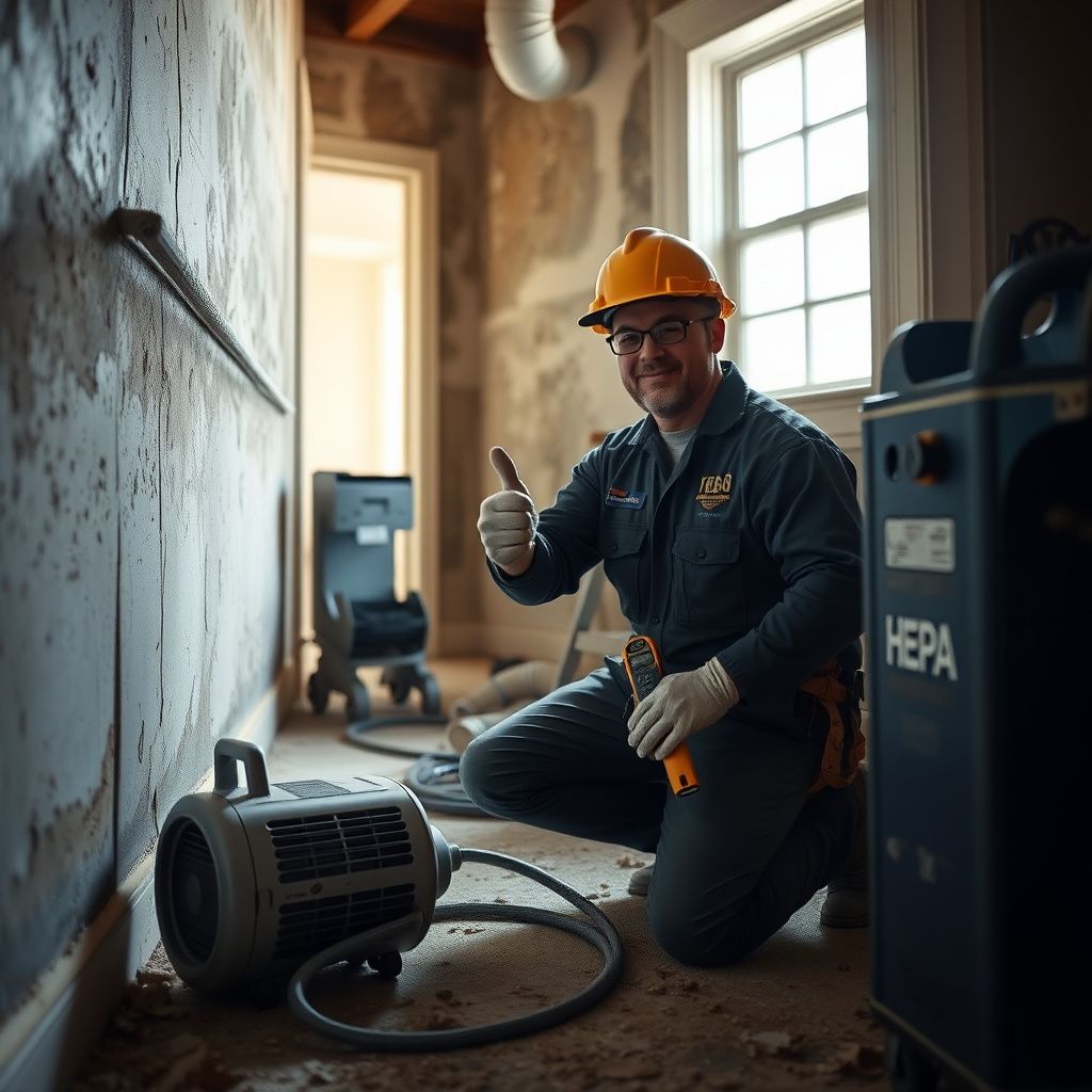A certified mold remediation technician explaining the process to a homeowner in a clean, well-lit living room in Taylor, Texas.