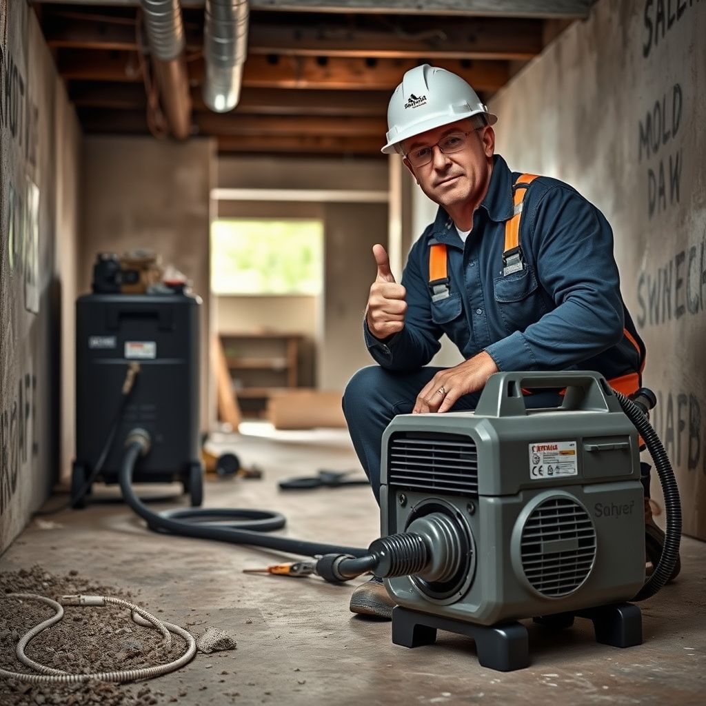 A mold remediation specialist setting up containment barriers in a Lakeway residential basement.