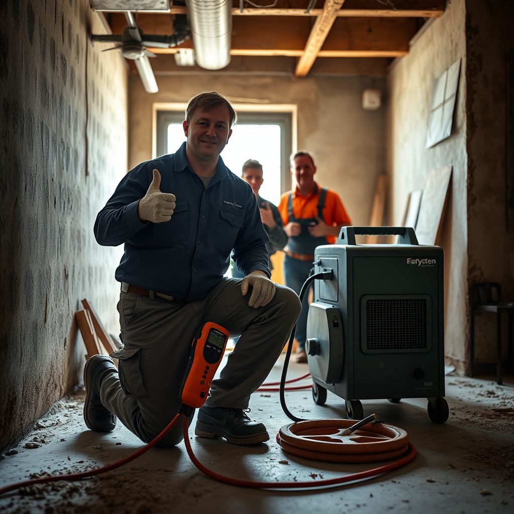 A close-up of a certified mold remediation technician in Hutto, Texas, wearing a respirator and inspecting a damp wall with specialized equipment.