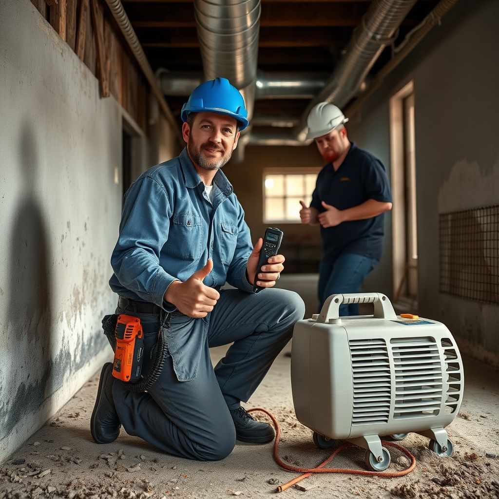 A mold remediation specialist in PPE carefully removing mold-affected drywall from a residential basement in Kyle, Texas, with containment barriers visible.