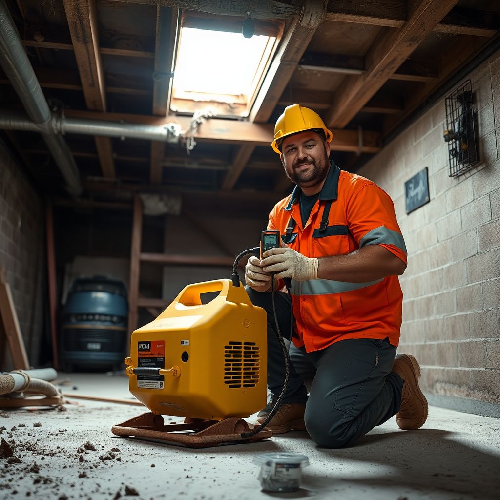 A team of IICRC-certified mold remediation technicians from Iron Star Mold Removal setting up containment in a Round Rock basement.